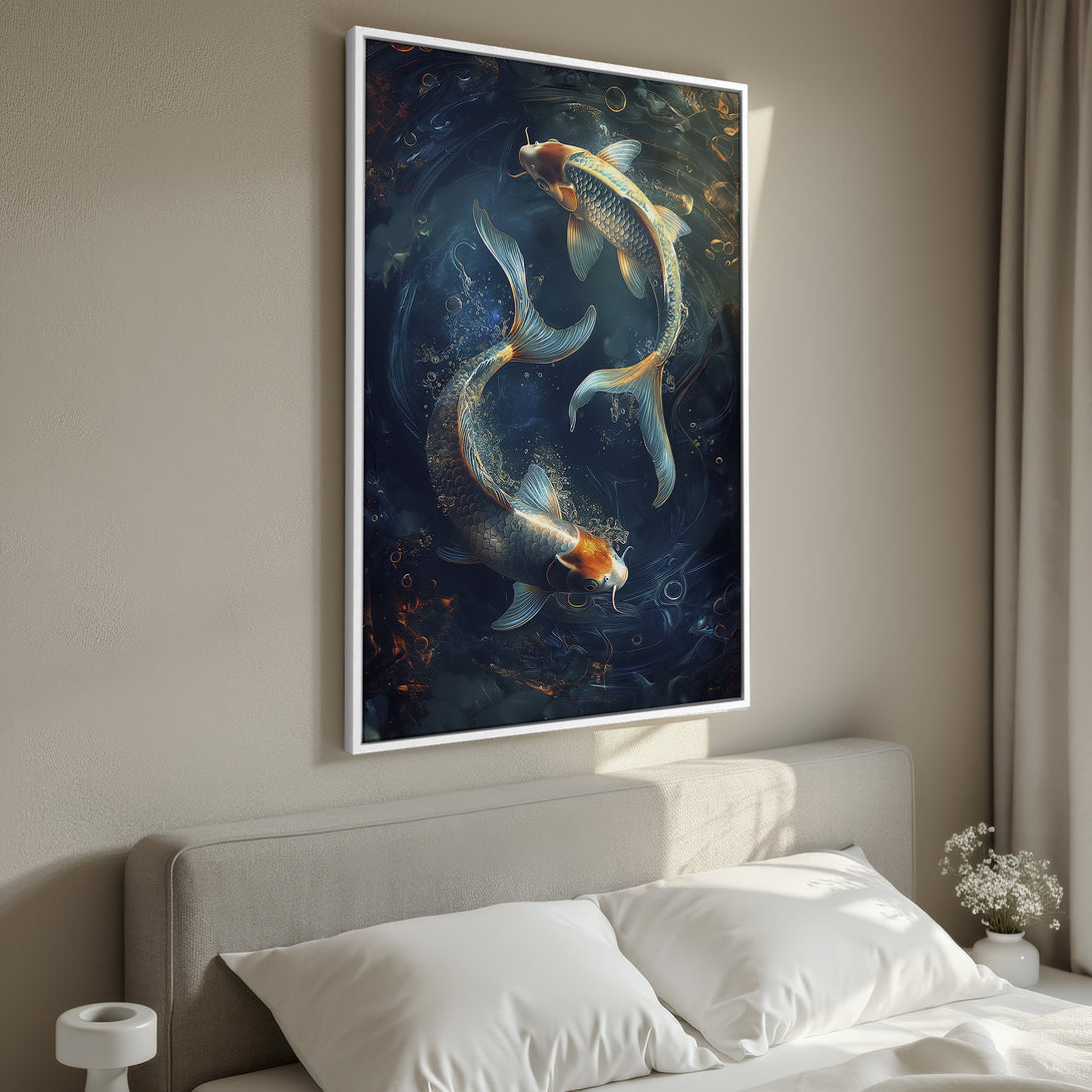 Framed Wall Art featuring elegant koi fish in a dark blue and gold color palette. Enhance your bedroom decor with this stunning canvas print.