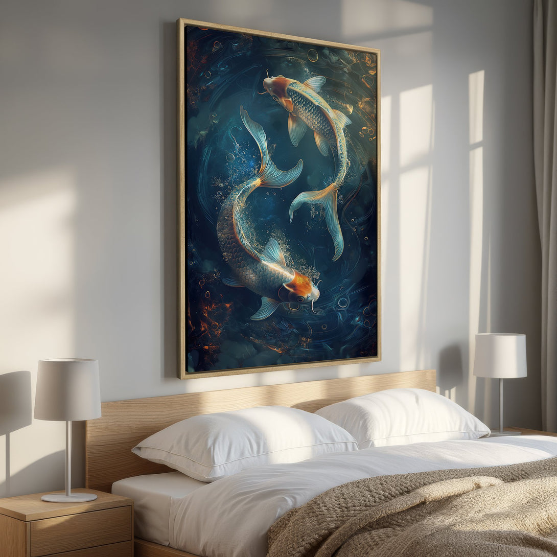 Framed Wall Art: Koi fish canvas print in a bedroom. Artistic style with a blue, orange, and gold color palette. Enhance your space with this beautiful art!