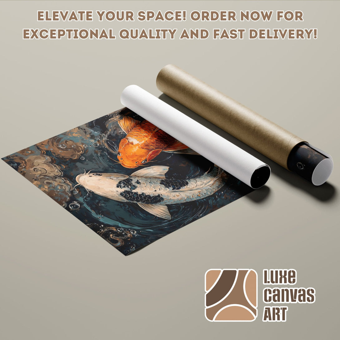Koi fish art poster roll, rich teal and orange palette, perfect for home decor.