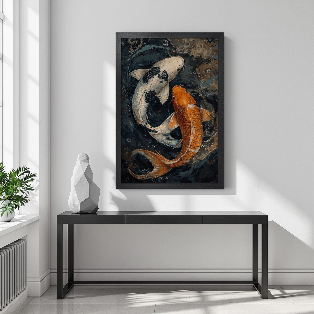 Framed Poster of koi fish in a dark blue and orange palette. Artistic style, perfect for home decor.