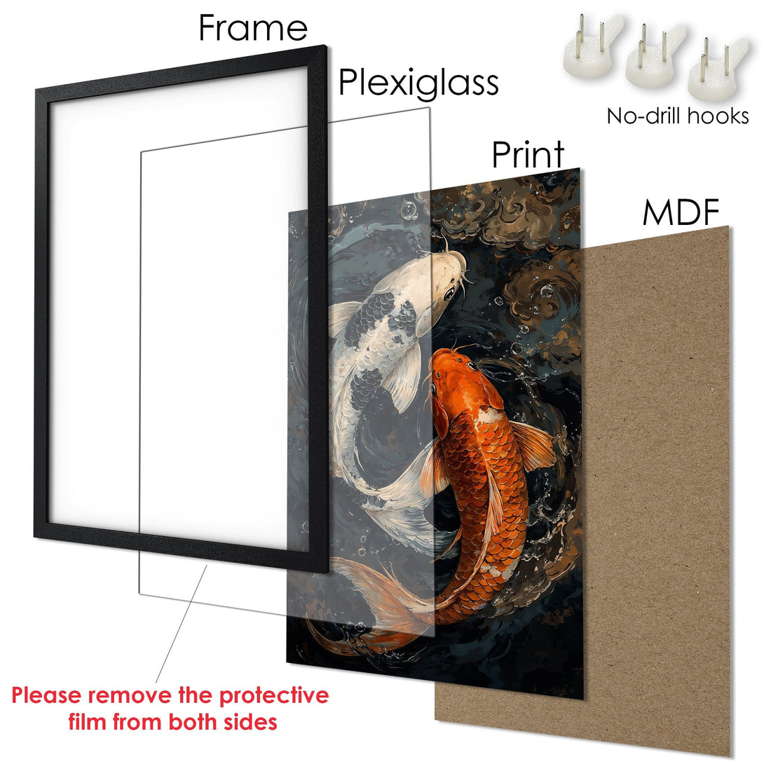 Framed Poster featuring koi fish art in a serene, watercolor style with a blue, orange, and neutral color palette. Perfect wall decor!