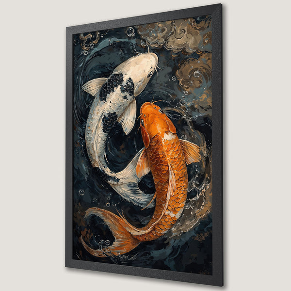 Framed Poster featuring two koi fish in a dark, artistic style. Earthy tones and vibrant orange and white koi create a calming, elegant aesthetic.