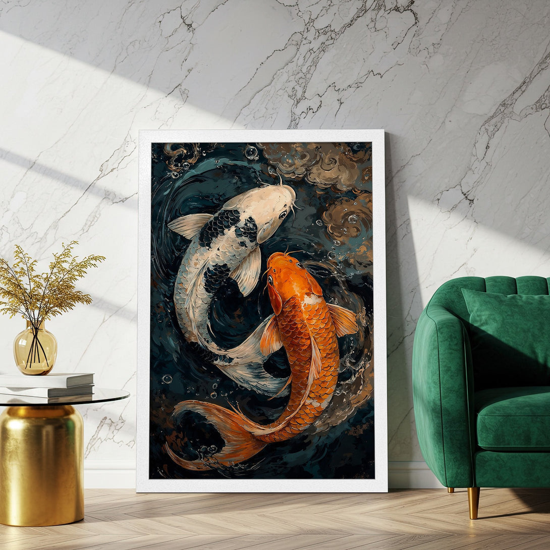 Framed Poster featuring koi fish in a painterly style with a dark teal and orange color palette. Perfect wall art for any space!
