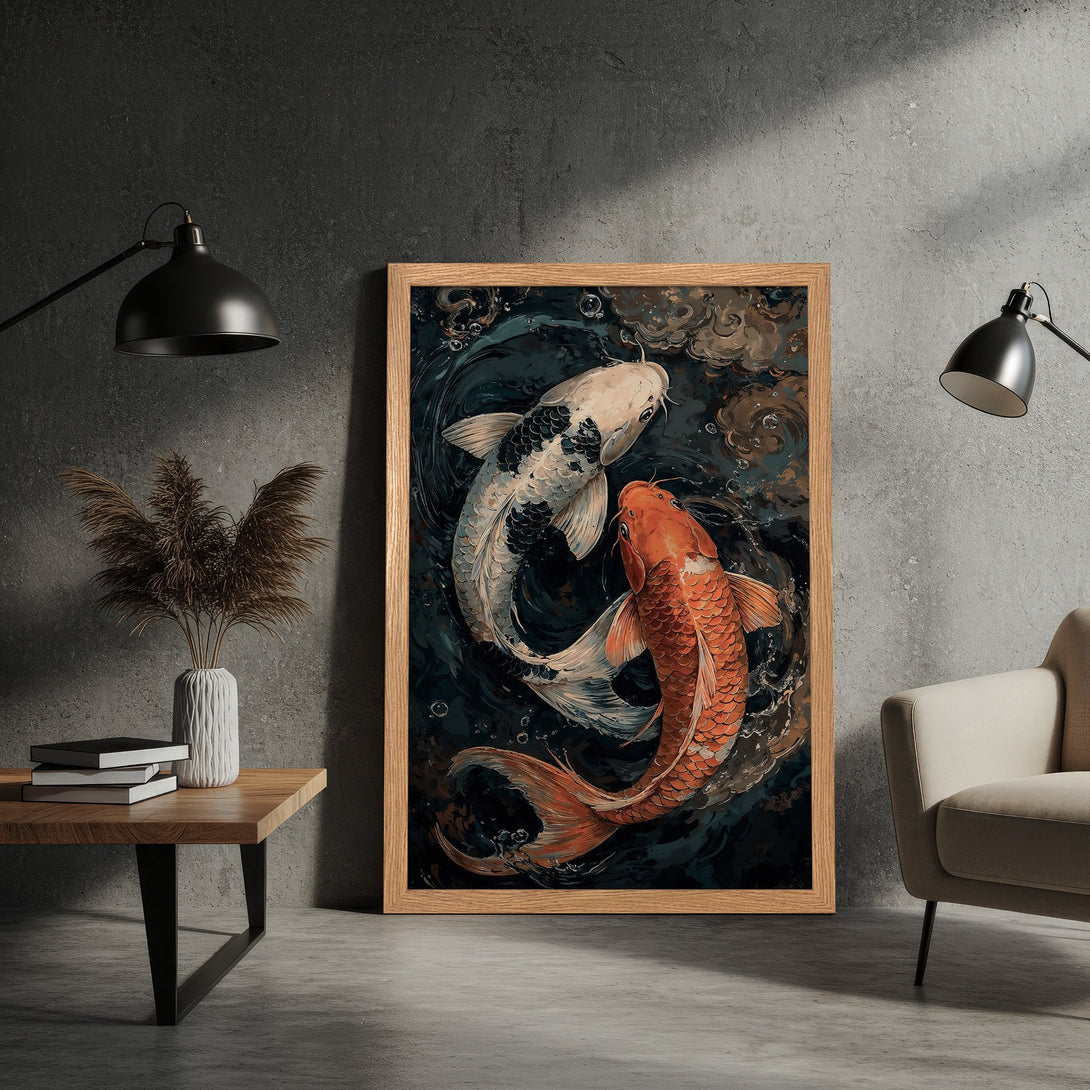 Framed Poster featuring koi fish art, showcasing a serene, watercolor style with a dark blue and orange color palette. Perfect wall decor!