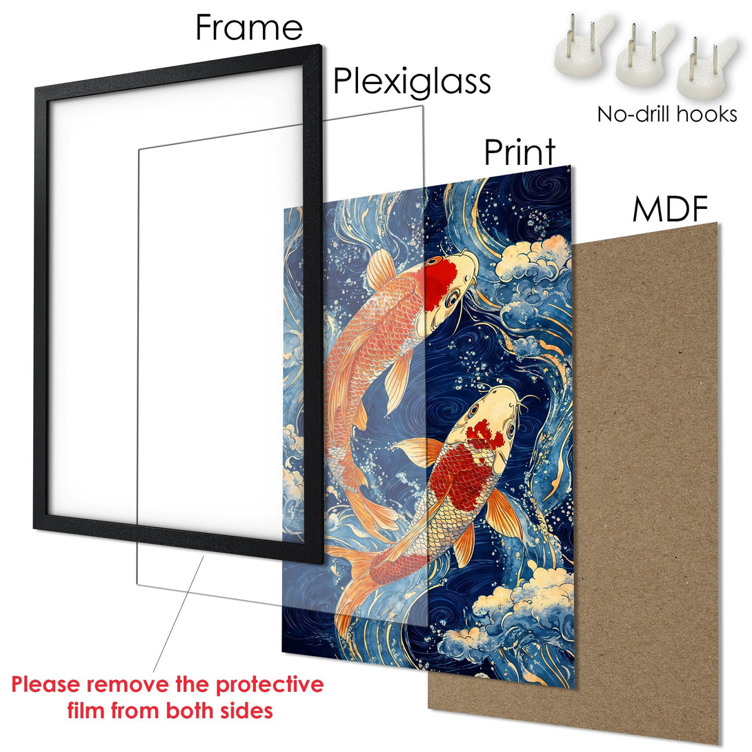Framed Poster featuring koi fish art in a Japanese style with a blue, orange, and white color palette. Ready to hang!