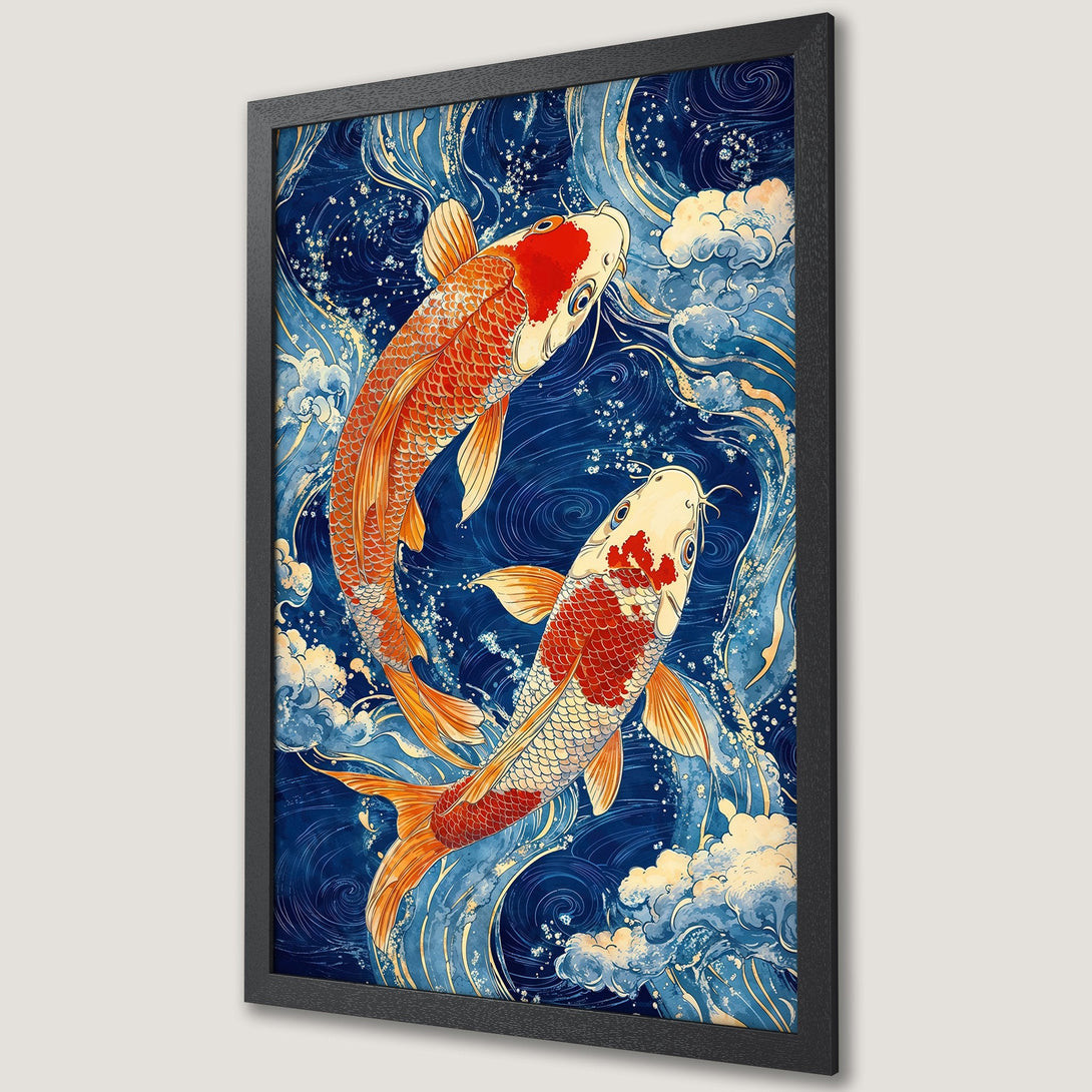 Framed Poster featuring koi fish in a Japanese style. Blue, orange, and white color palette. Perfect wall art for any space.