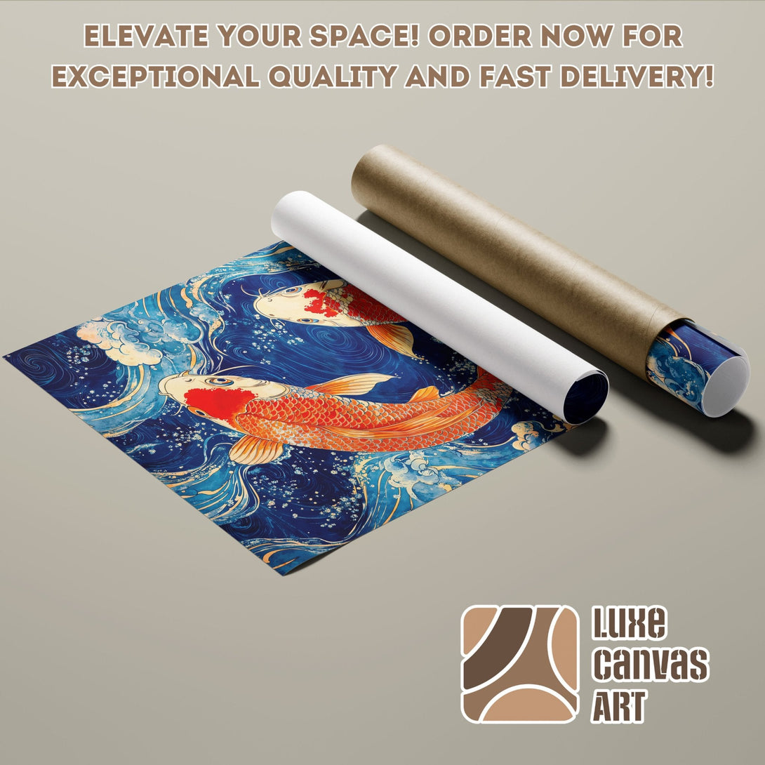 Koi fish Poster Roll in a Japanese art style, featuring a blue, orange, and white color palette.