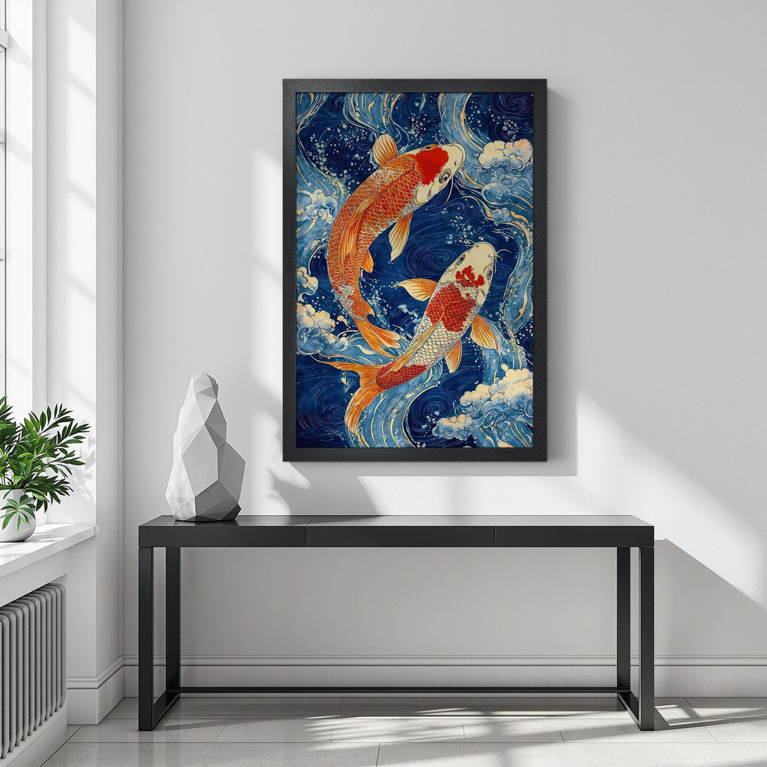 Framed Poster featuring koi fish art. Japanese-inspired style with blue, orange, and white color palette. Perfect wall decor!