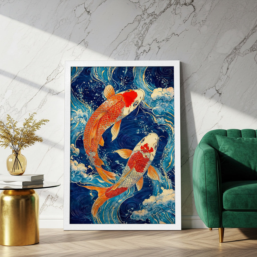 Framed Poster featuring koi fish in a Japanese style, blue and orange color palette. Add a touch of zen to your home!