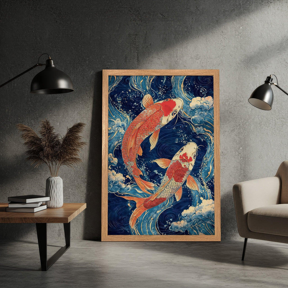 Framed Poster featuring koi fish in a Japanese Ukiyo-e style. Blue and orange color palette adds a touch of zen to your space.