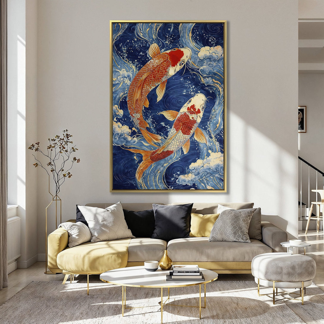 Canvas Print featuring a vibrant koi fish design in an Asian-inspired style, with a blue, orange, and white color palette, perfect for adding art to your home!