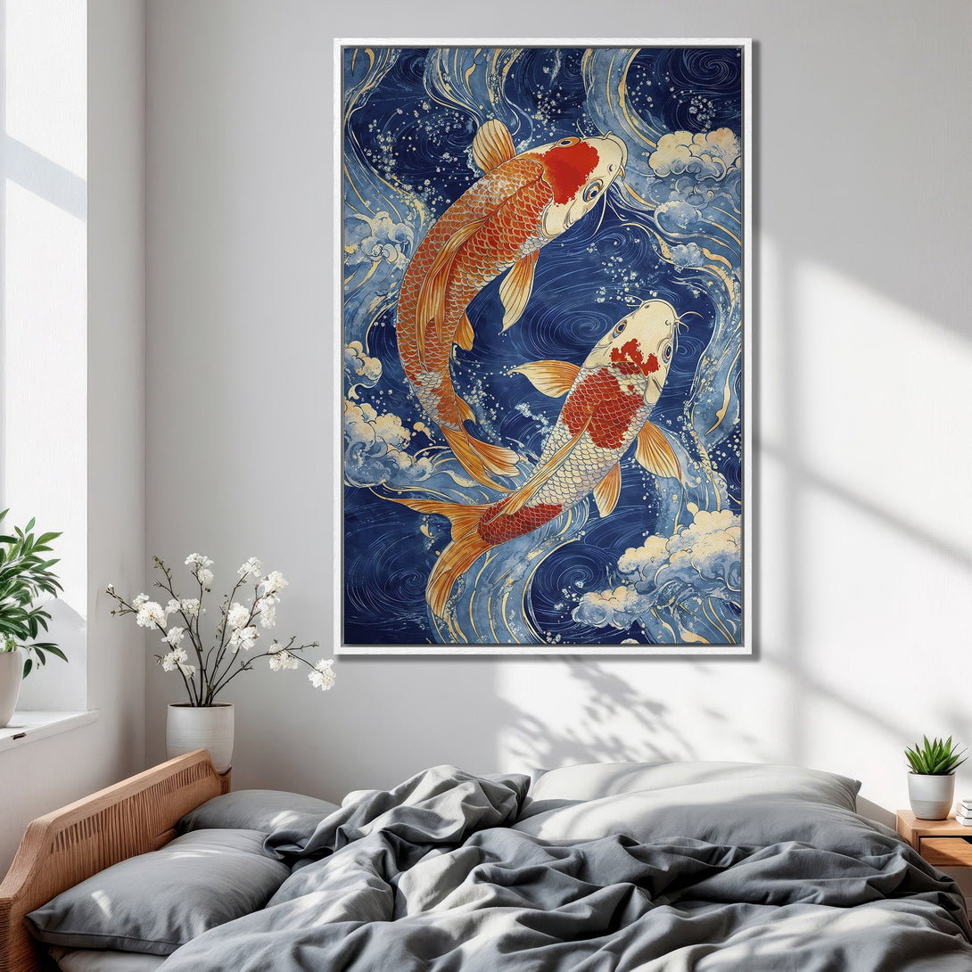 Framed Wall Art featuring koi fish in a Japanese style. Blue, gold, and orange color palette. Perfect for adding a touch of zen to your home decor.