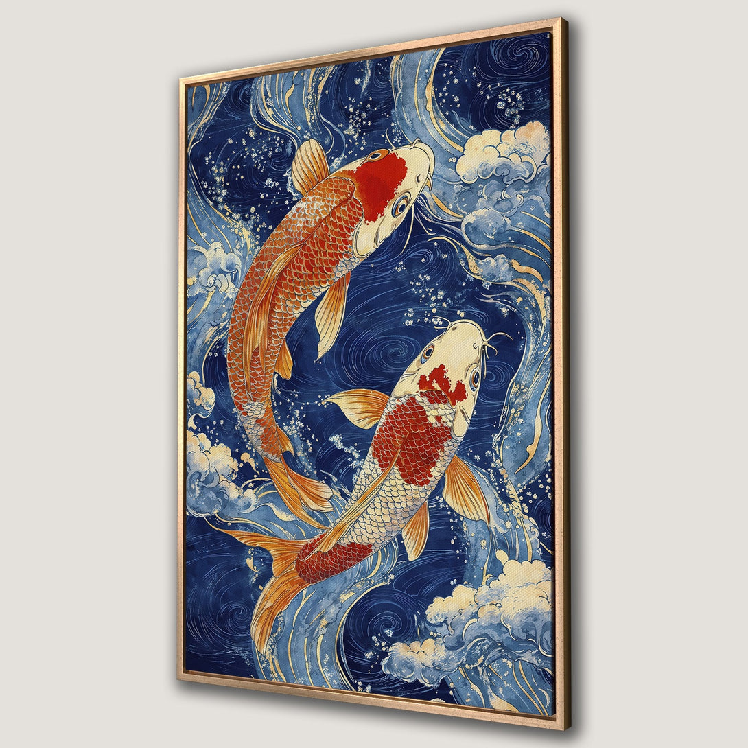 Framed Wall Art featuring Japanese koi fish in a classic Ukiyo-e style. Beautiful blue, gold, and red color palette. Bring serenity to your space!