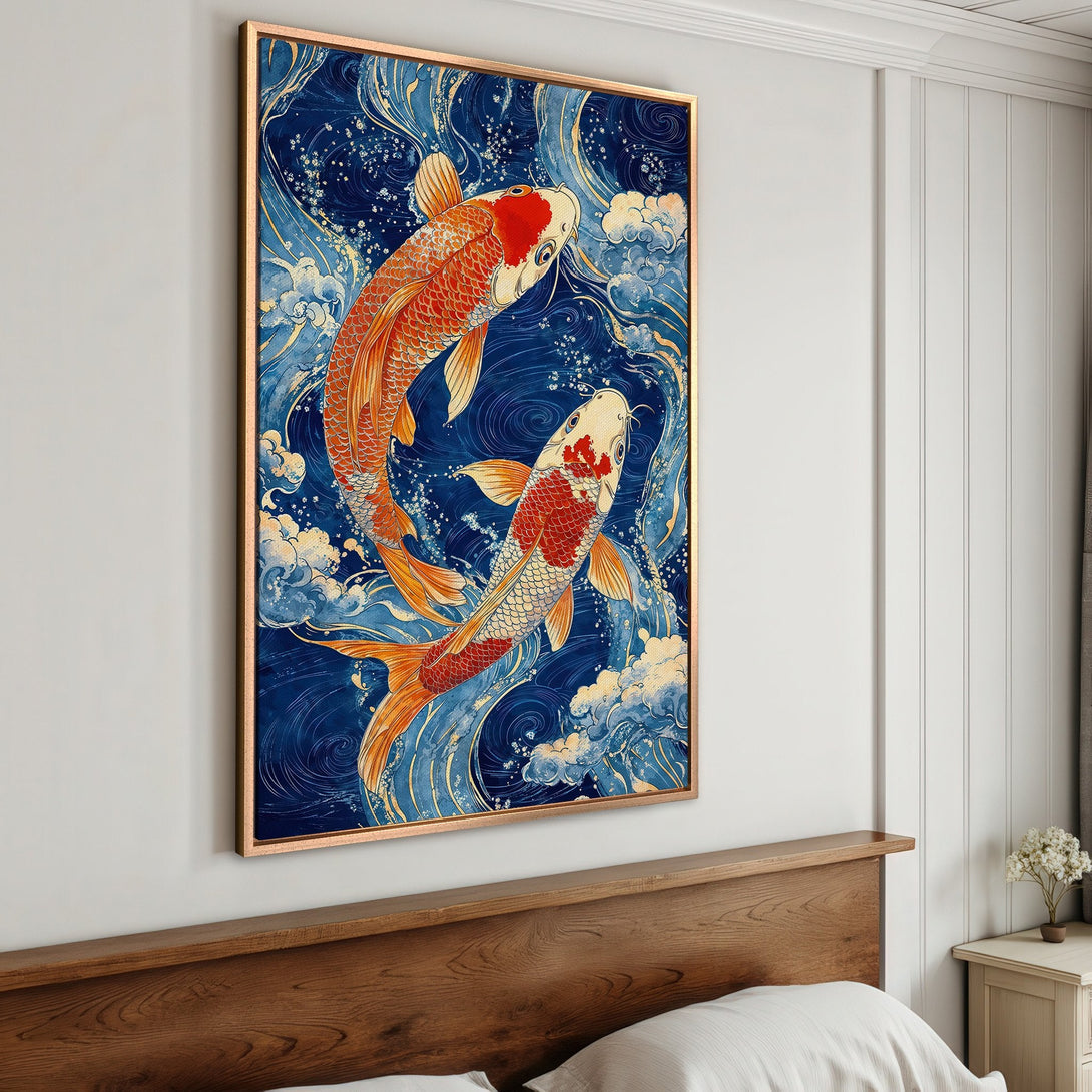 Framed Wall Art featuring koi fish in a Japanese style. Blue, orange, and gold color palette. Perfect for adding a touch of elegance to any room.