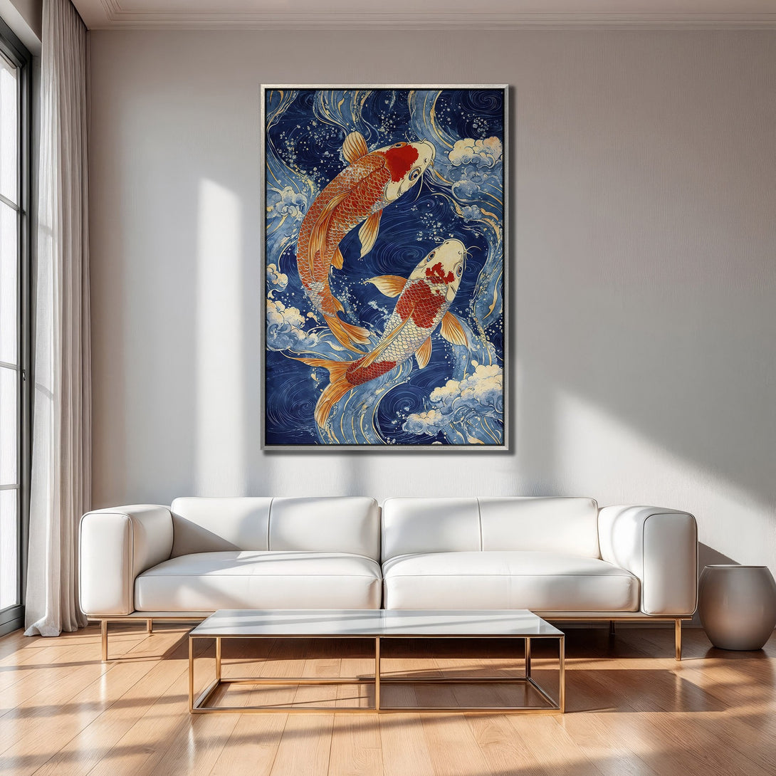 Framed Wall Art featuring koi fish in a Japanese style. Blue, orange, and white color palette. Perfect for adding a touch of zen to your space!