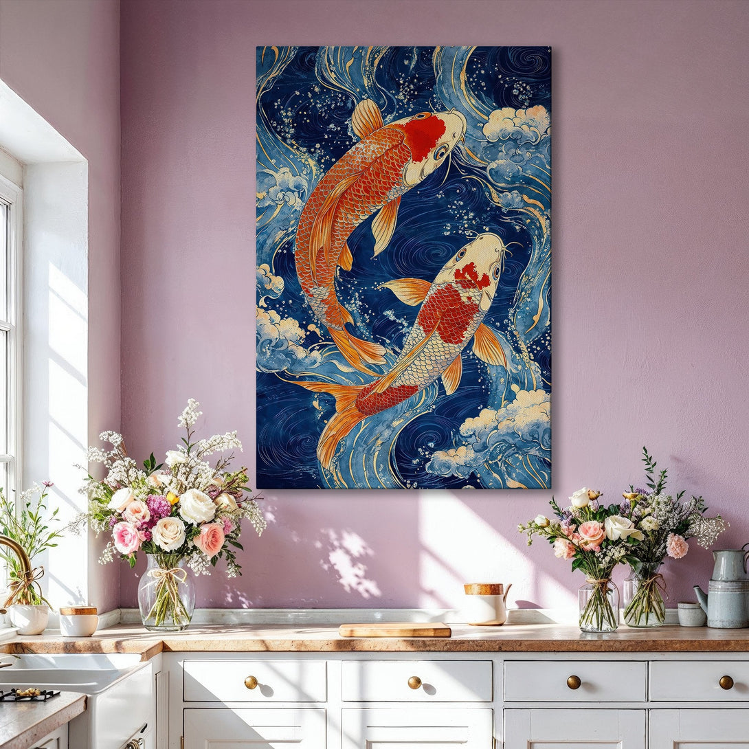 Framed Wall Art: Koi fish painting in a Japanese style with a blue and gold color palette. Perfect for adding a touch of elegance to your home decor.