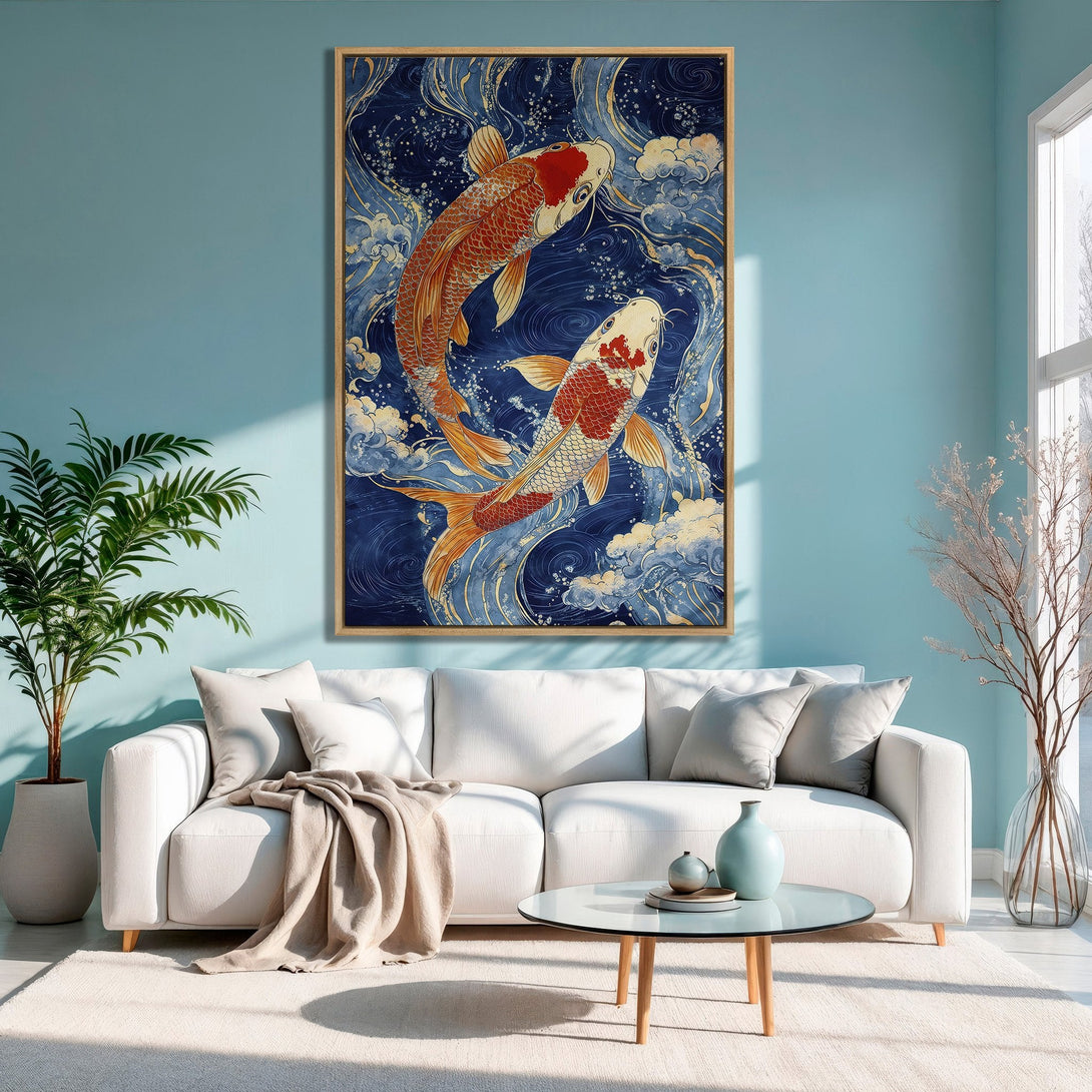 Framed Wall Art featuring koi fish in a Japanese style. Blue, gold, and red color palette. Perfect for adding a touch of zen to your home.