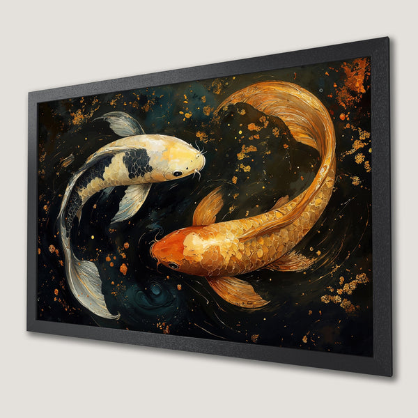 Framed Poster featuring koi fish in a dark, gold and teal color palette, artistic style.