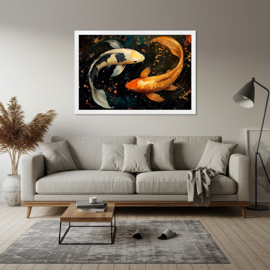 Framed Poster featuring koi fish in a modern style with a dark, gold, and orange color palette. Perfect wall art for your home!