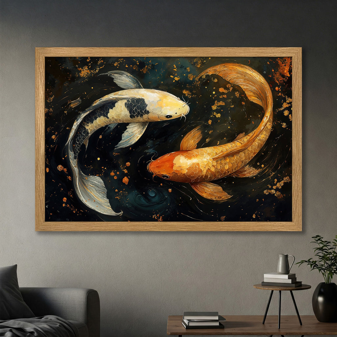 Framed Poster featuring koi fish in a dark, artistic style with gold and orange accents. Perfect wall art for any space.
