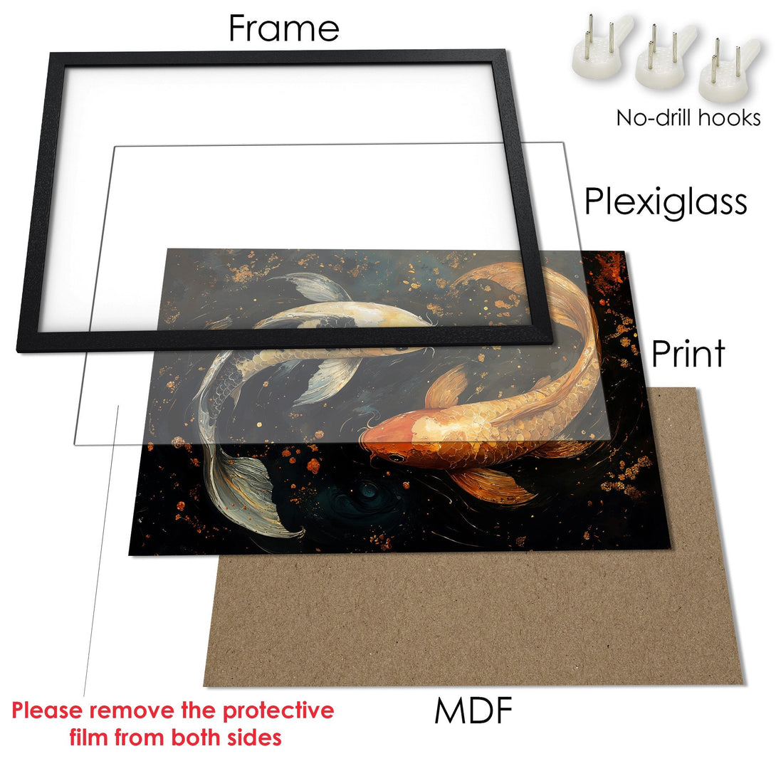 Framed Poster featuring koi fish art, with a dark, gold, and teal color palette. Perfect wall decor!