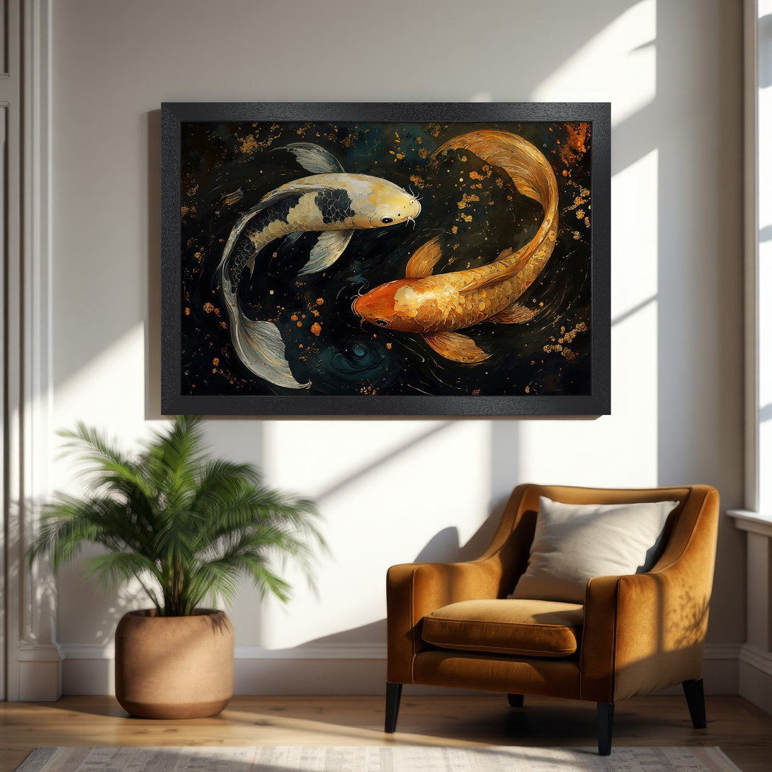 Framed Poster featuring koi fish in a dark, artistic style with gold and orange accents. Enhance your home decor with this beautiful art!