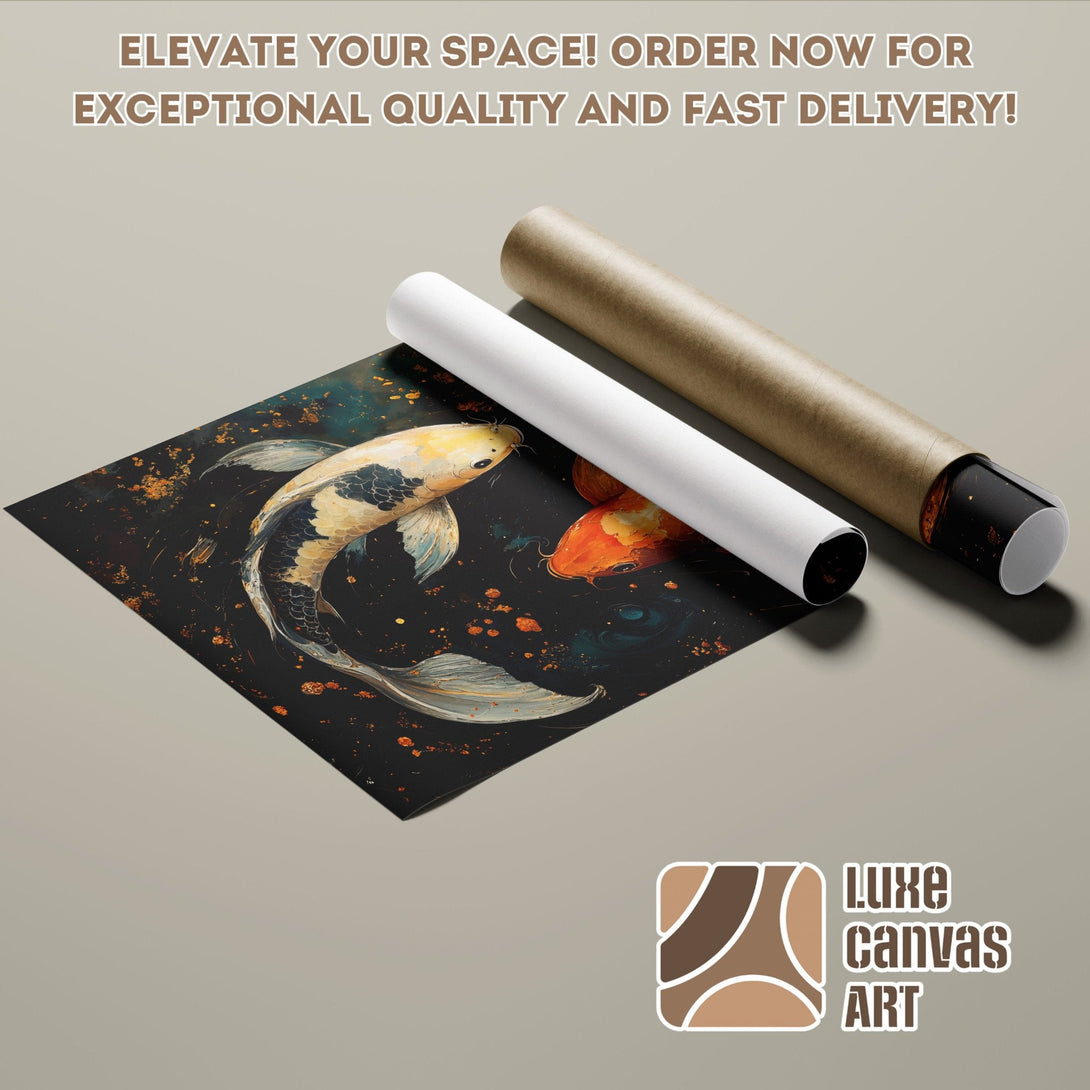 Koi fish art poster roll, dark style, gold and black color palette. Order now!