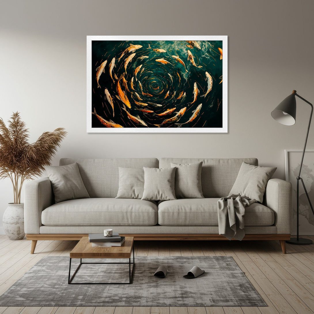 Framed Poster featuring a mesmerizing school of koi fish. Artistic style with a teal, orange, and gold color palette. Elevate your space!