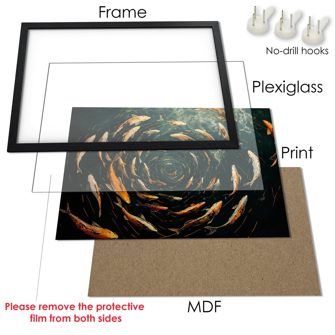 Framed Poster featuring koi fish art in a dark, moody style with orange and teal tones. Enhance your space with this beautiful art!