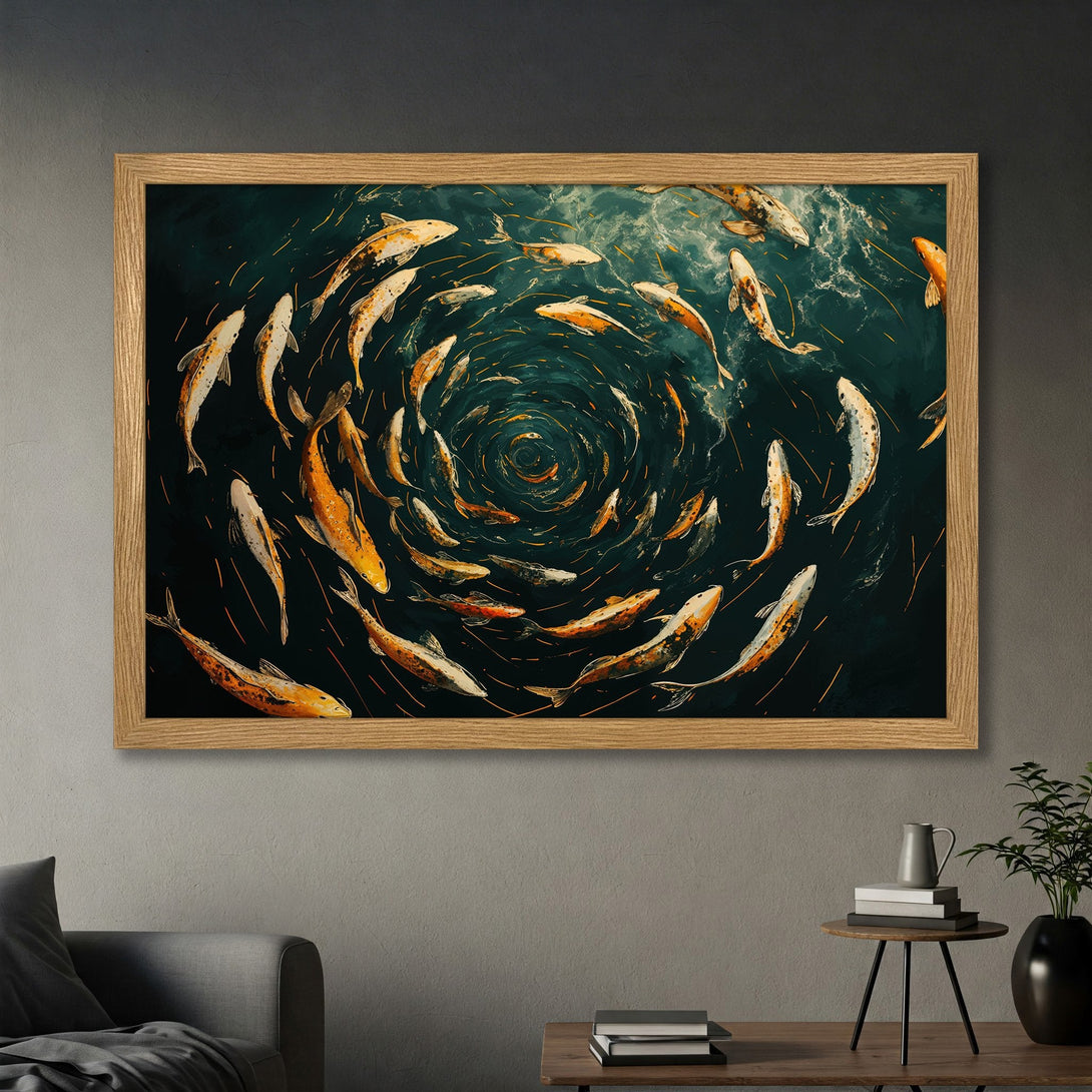 Framed Poster featuring koi fish in a swirling design, with a dark teal and orange color palette, perfect for home decor.