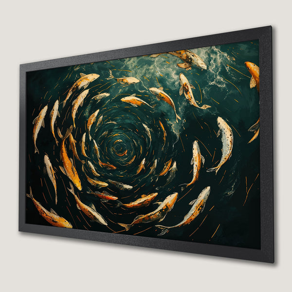 Framed Poster featuring koi fish in a swirling pattern. Artistic style with a teal and orange color palette. Add a touch of elegance to your space!