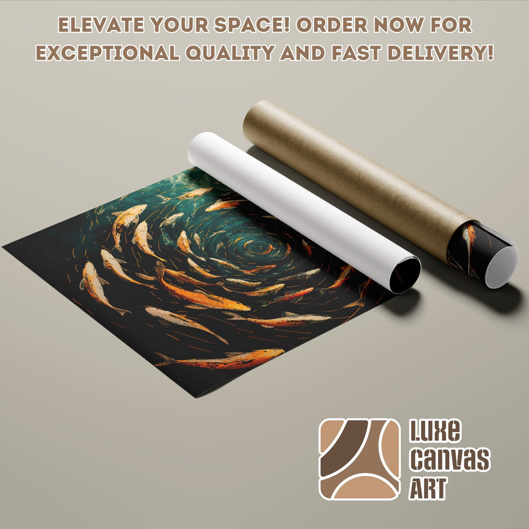 Poster Roll featuring koi fish art, dark teal and orange color palette. Elevate your space!