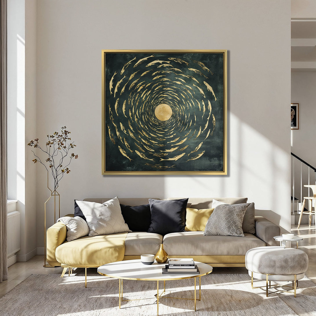 Canvas Print featuring a gold fish swirl design. Modern art with a dark teal and gold color palette. Perfect wall decor for any room.