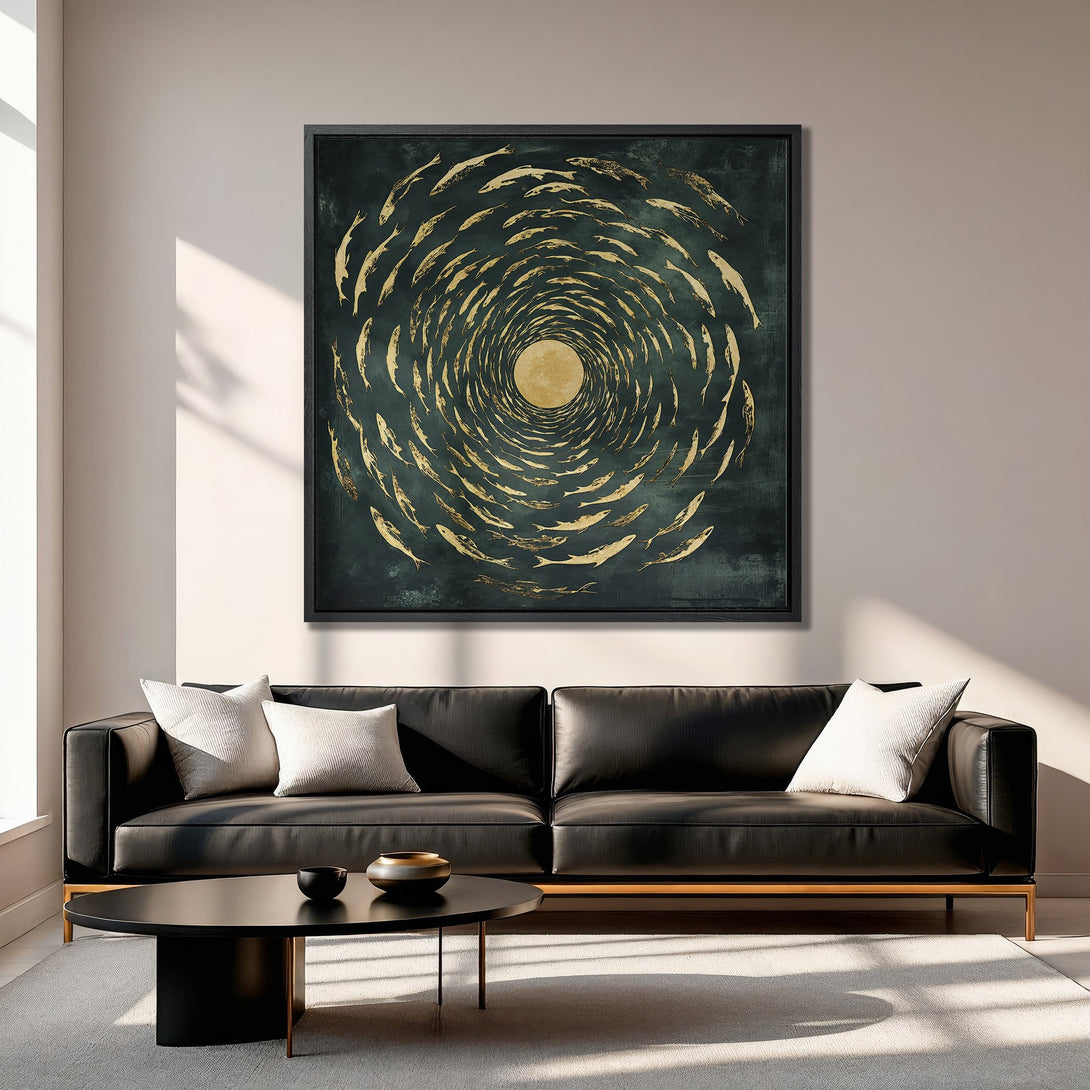 Framed Wall Art featuring gold fish design on a dark teal background. Modern abstract style. Perfect for living room decor.