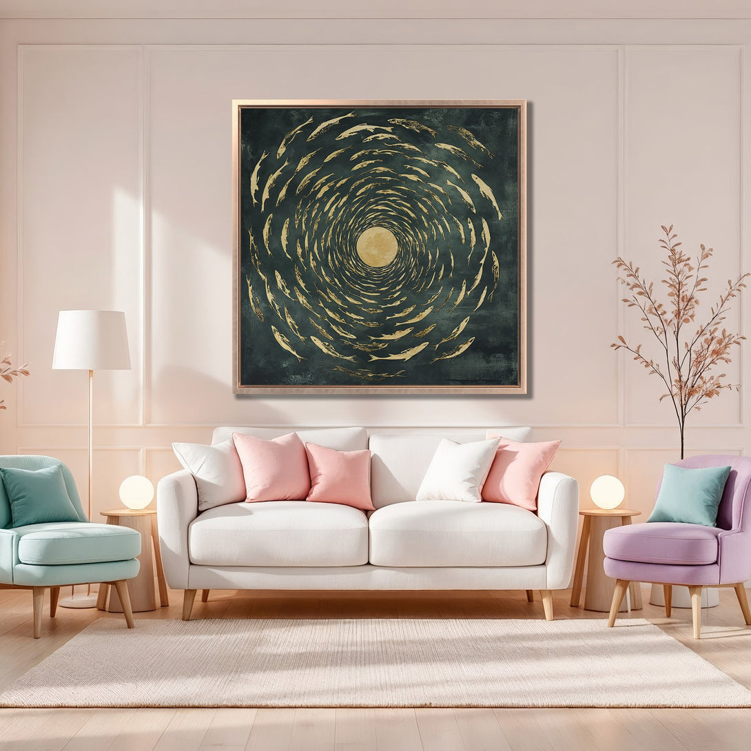 Framed Wall Art: Abstract fish design in gold and teal. Modern canvas art adds a touch of elegance to any living room. Shop now!