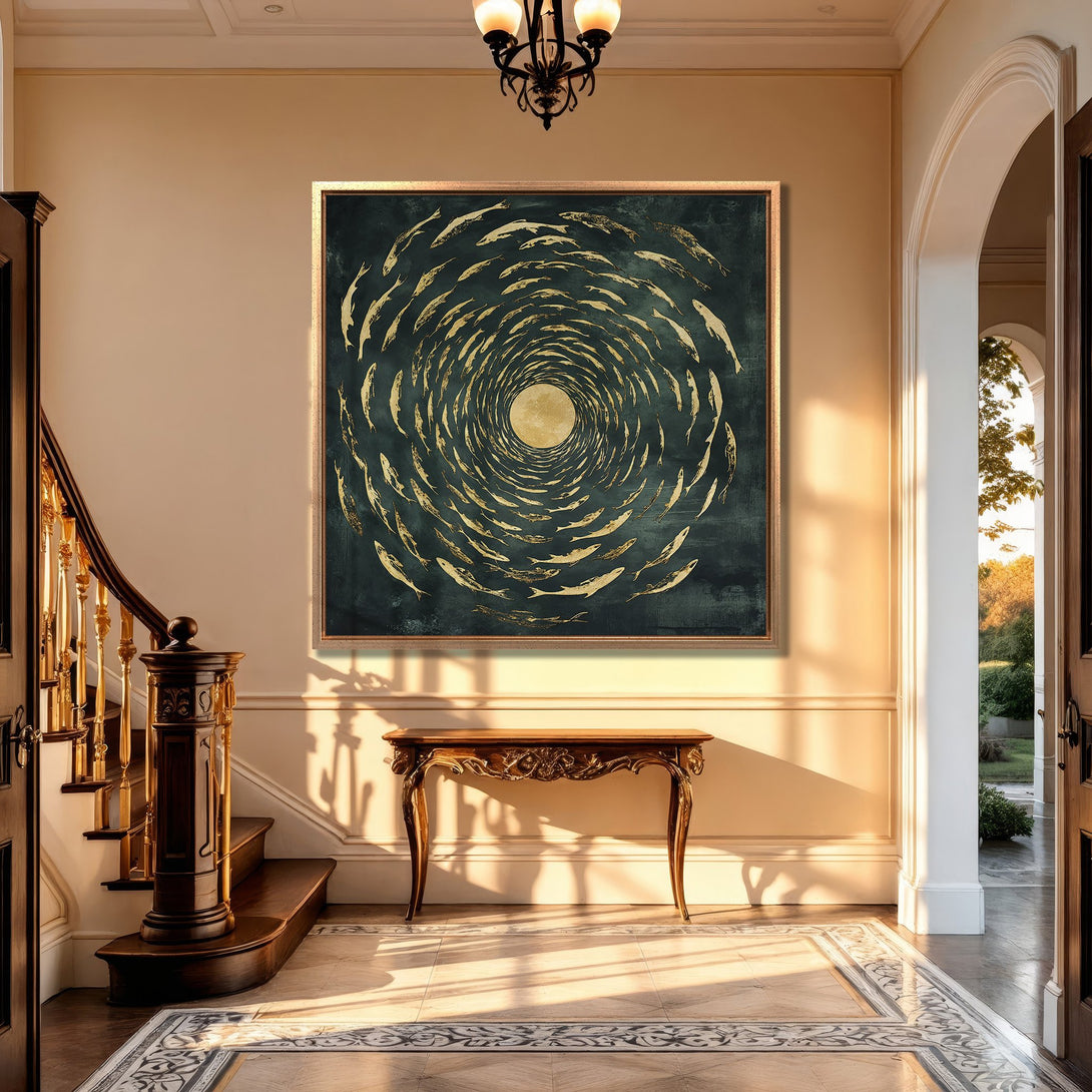 Framed Wall Art: Abstract fish design in gold & teal, displayed in a luxurious interior. Enhance your space with this stunning Canvas Print!