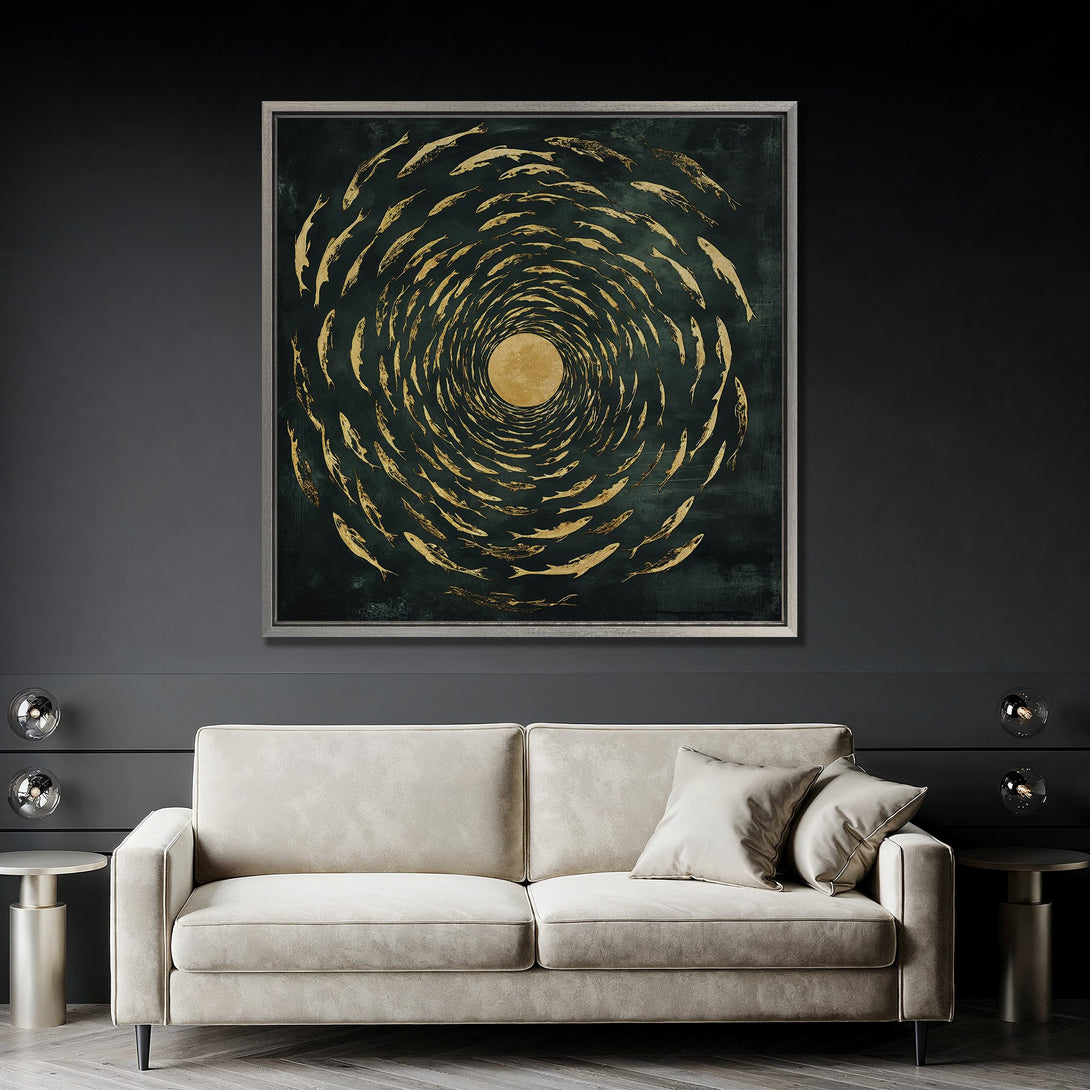 Framed Wall Art: Abstract fish art in gold & teal. Modern Canvas Print adds luxury to any space. Dark, moody color palette.