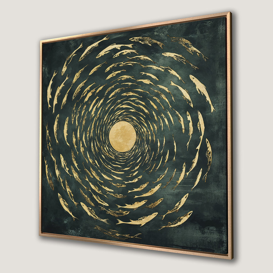 Framed Wall Art featuring a school of golden fish swirling on a dark teal canvas. Modern, abstract design with a luxurious, artistic feel.