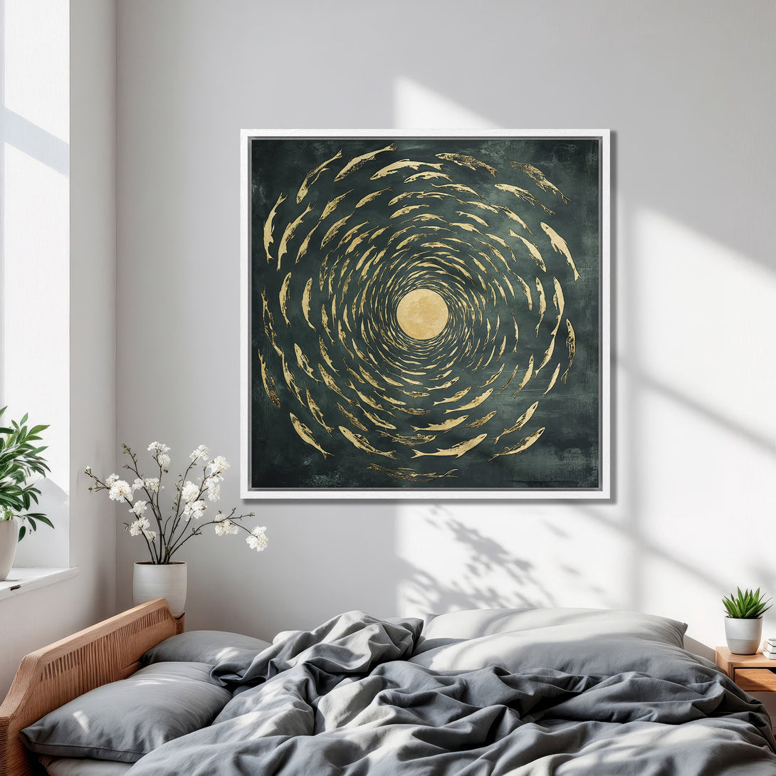 Framed Wall Art featuring a swirling school of gold fish on a dark teal background. Modern art print with a calming, neutral color palette perfect for bedroom decor.