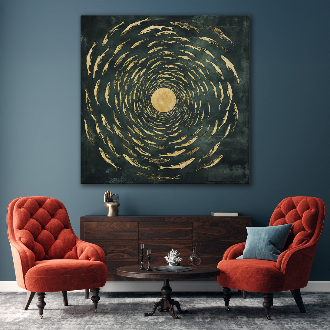 Framed Wall Art featuring an abstract gold fish spiral on a dark teal background. Modern art canvas print with gold and teal color palette.