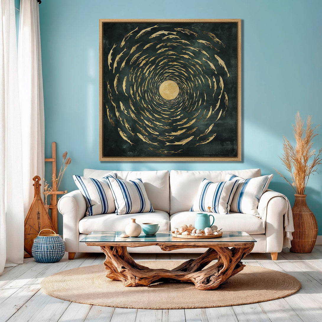 Framed Wall Art featuring a gold fish shoal design in a dark teal and gold palette, adding coastal style to a living room.