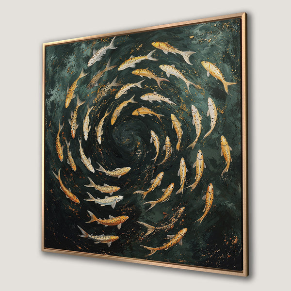 Framed Wall Art: Abstract painting of fish in a swirling pattern. Features a dark green and gold color palette, perfect for adding a touch of elegance.