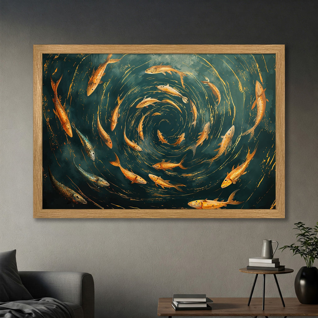 Framed Poster featuring a school of golden fish in a swirling pattern, with a teal and gold color palette, perfect wall art.