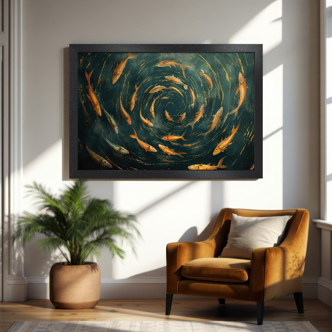 Framed Poster featuring a swirling school of fish in teal and gold. Artistic style, perfect for adding a touch of nature to your home decor.