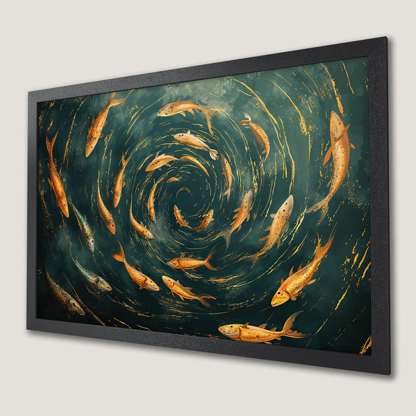 Framed Poster featuring an artistic swirl of fish in teal and gold. Perfect wall art for a calming aesthetic.