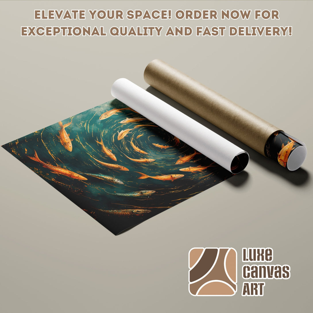 Poster Roll featuring vibrant fish art in teal and gold, perfect for your home decor.