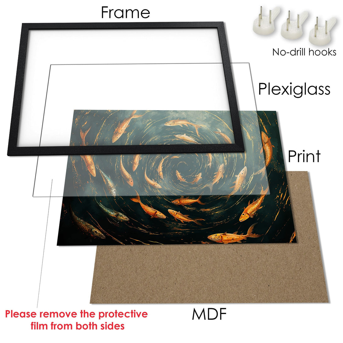 Framed Poster featuring an artistic fish design in teal and gold. Elevate your space with this captivating artwork!