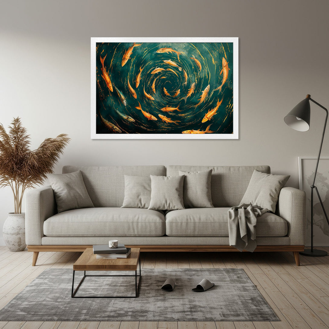 Framed Poster featuring a school of golden fish in a teal and gold abstract style, perfect wall art for your home.