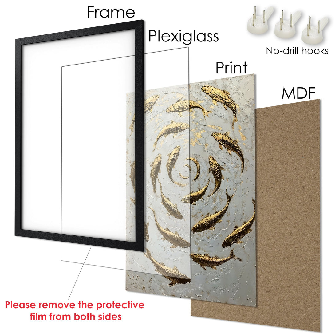 Framed Poster featuring gold fish art on a textured background. Elegant style with a neutral and gold color palette. Perfect wall decor!