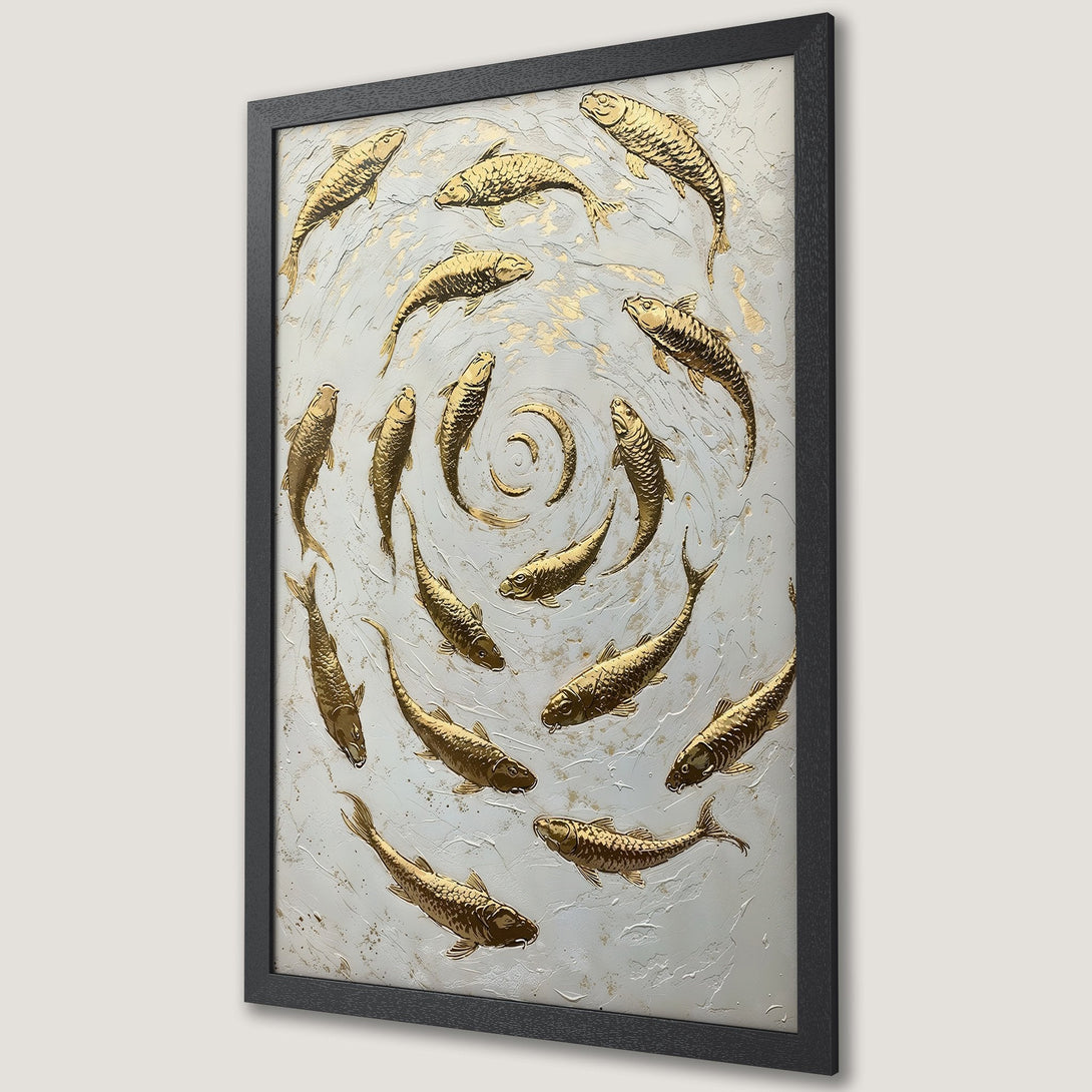 Framed Poster featuring golden fish art on a textured white background. Elegant, modern style with a neutral color palette. Perfect wall decor!